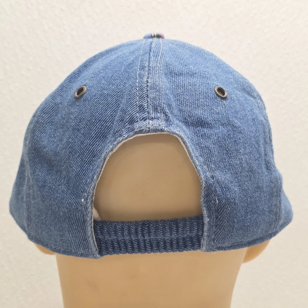 Vintage Disney Embroidered Winnie The Pooh Hat Elastic Band Blue‎ Plaid Denim